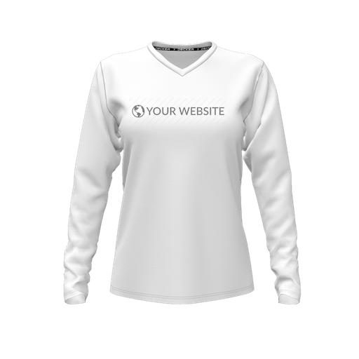[CUS-DFW-TEES-PER-VNK-LSL-WHT-FYXS-LOGO2] Decker Performance T-Shirt (Female Youth XS, White, V Neck, Logo 2, Long Sleeve)