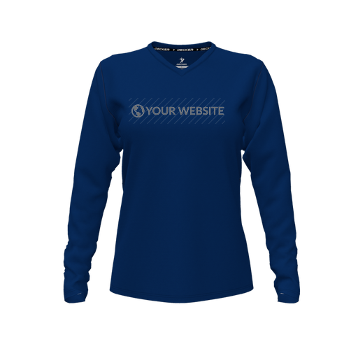 [CUS-DFW-TEES-PER-VNK-LSL-NVY-FYXS-LOGO1] Decker Performance T-Shirt (Female Youth XS, Navy, V Neck, Logo 1, Long Sleeve)
